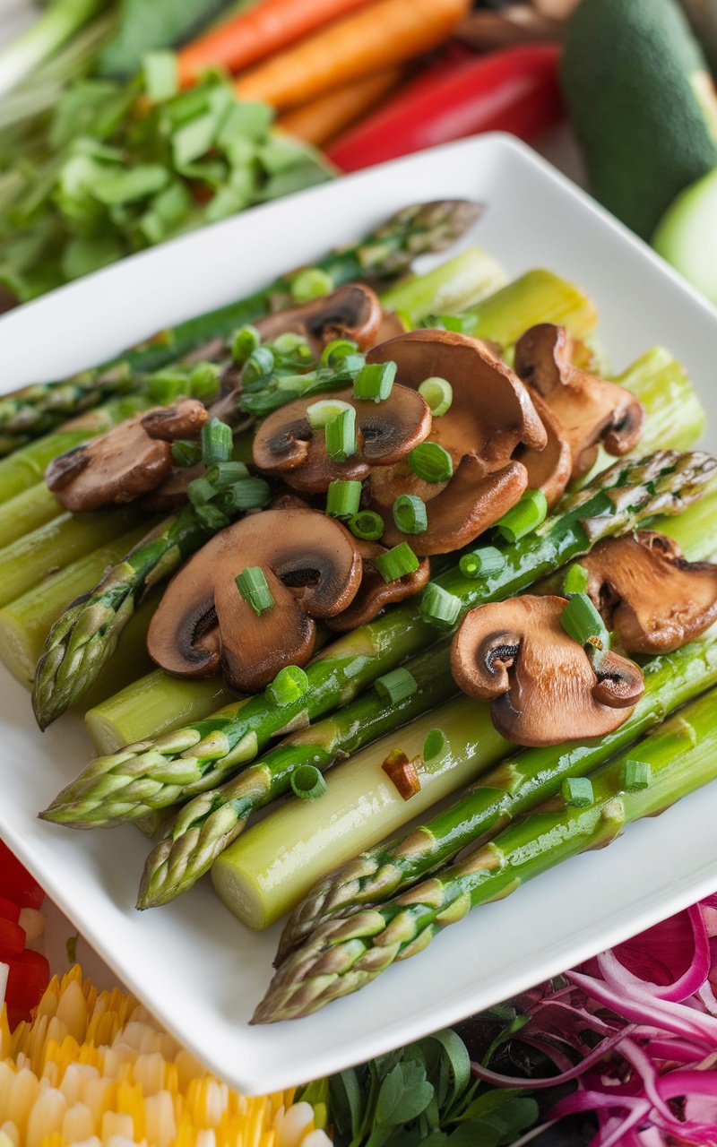 Savory Asparagus and Mushroom Stir-Fry Recipe A colorful plate of sautéed asparagus and mushrooms glistening with soy sauce, garnished with green onions.